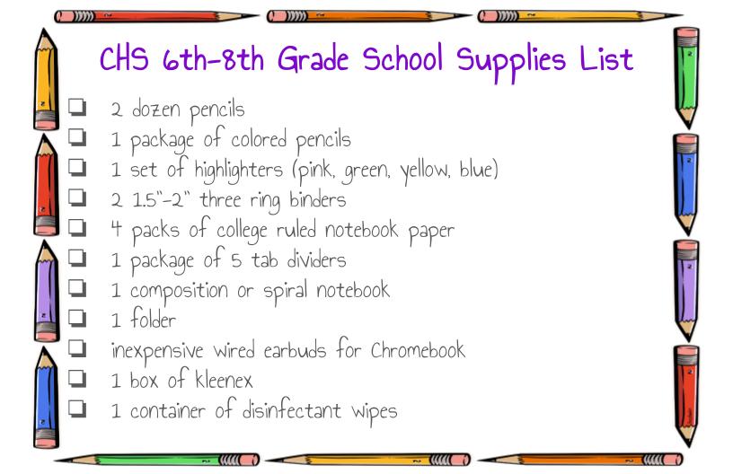 List of 6th-8th grade school supplies.